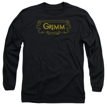 Black men's long sleeve t-shirt with Grimm Plaque Logo graphic
