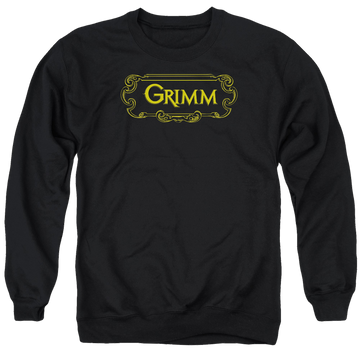 Black men's crewneck sweatshirt with Grimm Plaque Logo graphic