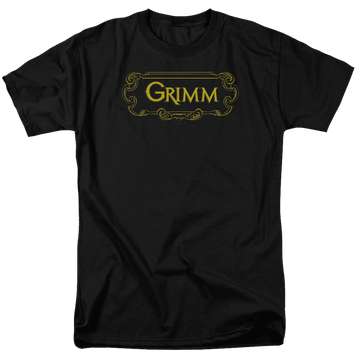 Black men's regular fit t-shirt with Grimm Plaque Logo graphic