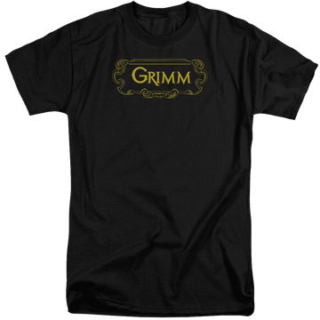 Black men's tall fit t-shirt with Grimm Plaque Logo graphic