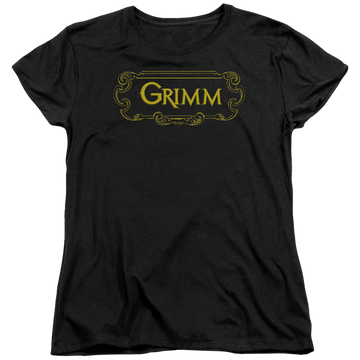 Black women's t-shirt with Grimm Plaque Logo graphic
