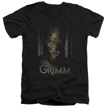 Black men's v-neck t-shirt with Grimm Chompers graphic