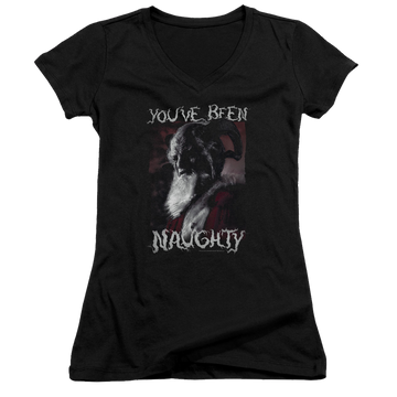 Black juniors v-neck t-shirt with Grimm Merry Krampus graphic