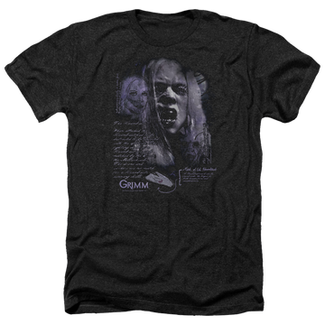 Charcoal men's heather t-shirt with Grimm Lady Hexenbeast graphic