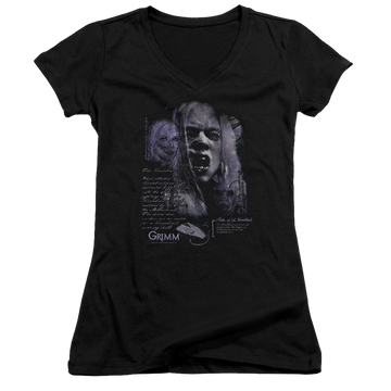 Black juniors v-neck t-shirt with Grimm Lady Hexenbeast graphic