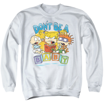 White men's crewneck sweatshirt with Rugrats Don't Be A Baby Blocks graphic