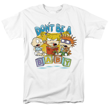 White men's regular fit t-shirt with Rugrats Don't Be A Baby Blocks graphic