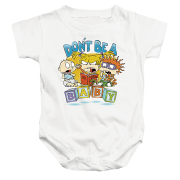 White baby bodysuit with Rugrats Don't Be A Baby Blocks graphic