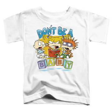 White toddler t-shirt with Rugrats Don't Be A Baby Blocks graphic