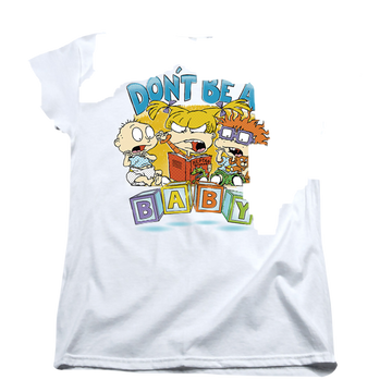 White women's t-shirt with Rugrats Don't Be A Baby Blocks graphic