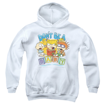 White youth hoodie for ages 8 to 12 with Rugrats Don't Be A Baby Blocks graphic