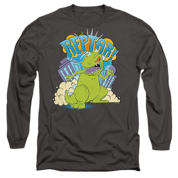 Charcoal men's long sleeve t-shirt with Rugrats Reptar Stomp graphic