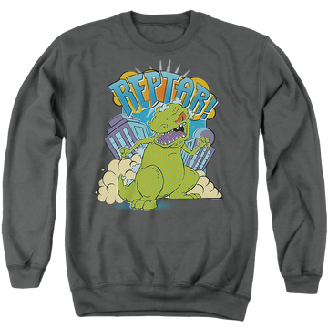 Charcoal men's crewneck sweatshirt with Rugrats Reptar Stomp graphic