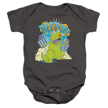 Charcoal baby bodysuit with Rugrats Reptar Stomp graphic