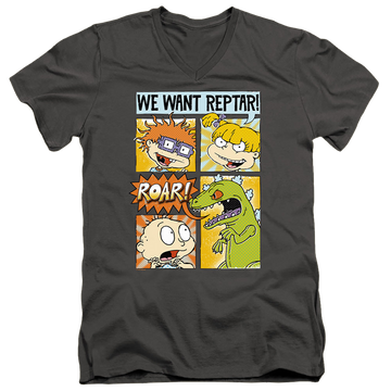 Charcoal men's v-neck t-shirt with Rugrats We Want Reptar! Comic graphic