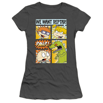 Charcoal juniors t-shirt with Rugrats We Want Reptar! Comic graphic