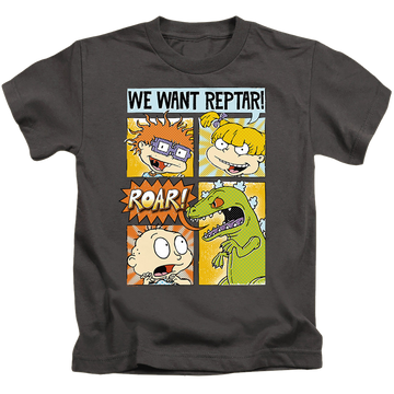 Charcoal kid's t-shirt for ages 4 to 7 with Rugrats We Want Reptar! Comic graphic