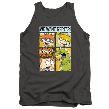 Charcoal men's tank with Rugrats We Want Reptar! Comic graphic