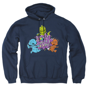 Navy pullover hoodie with Rugrats Babies Run For The Hills graphic