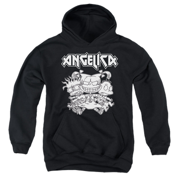 Black youth hoodie for ages 8 to 12 with Rugrats Angelica Pickles Rocks graphic