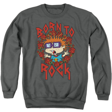 Charcoal men's crewneck sweatshirt with Rugrats Chucky Was Born To Rock graphic