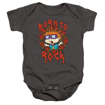 Charcoal baby bodysuit with Rugrats Chucky Was Born To Rock graphic