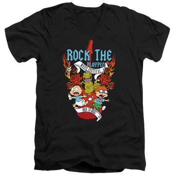 Black men's v-neck t-shirt with Rugrats Rock The Playpen Music Festival graphic