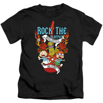 Black kid's t-shirt for ages 4 to 7 with Rugrats Rock The Playpen Music Festival graphic