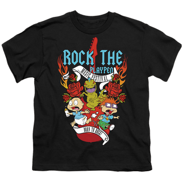Black youth t-shirt for ages 8 to 12 with Rugrats Rock The Playpen Music Festival graphic