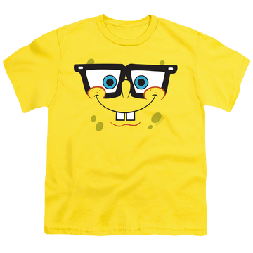 Yellow youth t-shirt for ages 8 to 12 with SpongeBob SquarePants Nerd Face graphic