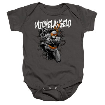 Charcoal baby bodysuit with Teenage Mutant Ninja Turtles Tmnt Michelangelo graphic