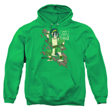 Kelly green pullover hoodie with Avatar The Last Airbender Toph Rock Slide graphic