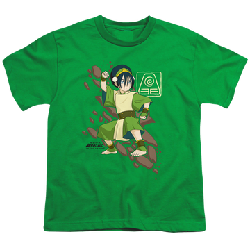 Kelly green youth t-shirt for ages 8 to 12 with Avatar The Last Airbender Toph Rock Slide graphic