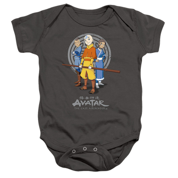 Charcoal baby bodysuit with Avatar The Last Airbender Team Avatar graphic