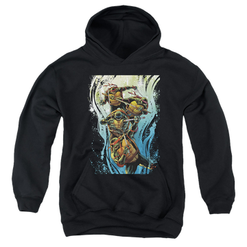 Black youth hoodie for ages 8 to 12 with Teenage Mutant Ninja Turtles Cool Rainbow Warriors graphic