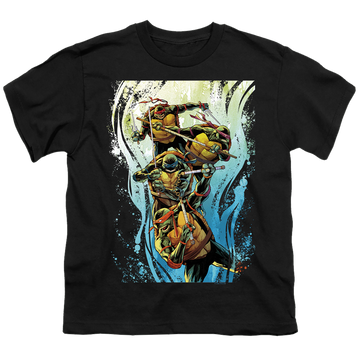 Black youth t-shirt for ages 8 to 12 with Teenage Mutant Ninja Turtles Cool Rainbow Warriors graphic