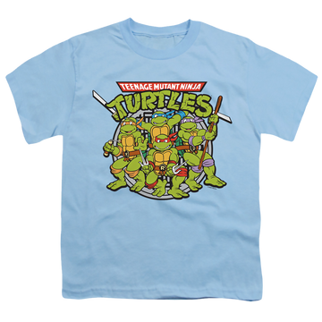 Light blue youth t-shirt for ages 8 to 12 with Teenage Mutant Ninja Turtles Classic Turtles graphic