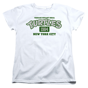 White women's t-shirt with Teenage Mutant Ninja Turtles Est. 1984 Nyc graphic