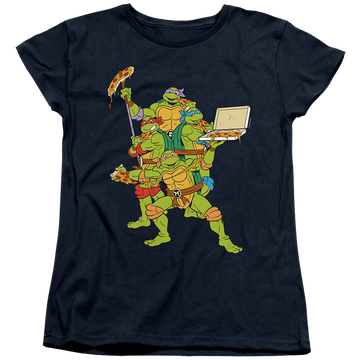 Navy women's t-shirt with Teenage Mutant Ninja Turtles Pizza Party graphic