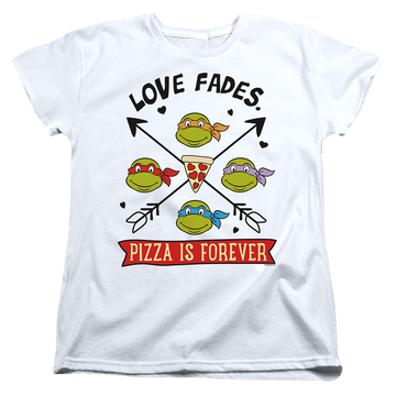 White women's t-shirt with Teenage Mutant Ninja Turtles Pizza Is Forever graphic
