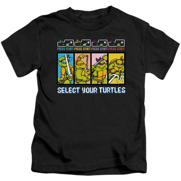 Black kid's t-shirt for ages 4 to 7 with Teenage Mutant Ninja Turtles Select Your Turtles graphic