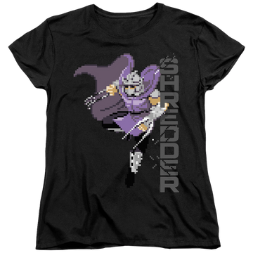 Black women's t-shirt with Teenage Mutant Ninja Turtles Retro Arcade Shredder graphic