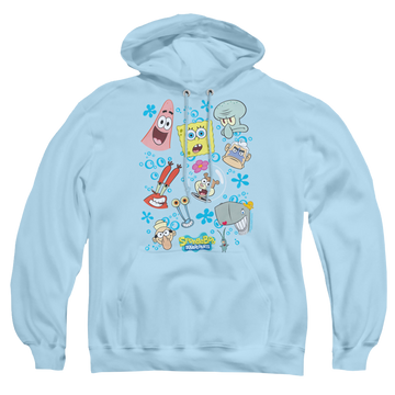 Light blue pullover hoodie with SpongeBob SquarePants Character Faces graphic