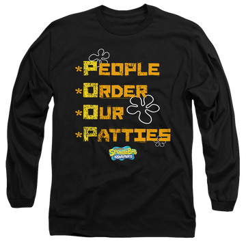 Black men's long sleeve t-shirt with SpongeBob SquarePants People Order Our Patties graphic