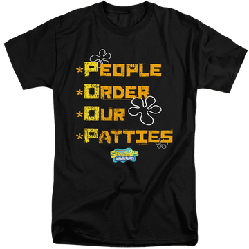 Black men's tall fit t-shirt with SpongeBob SquarePants People Order Our Patties graphic
