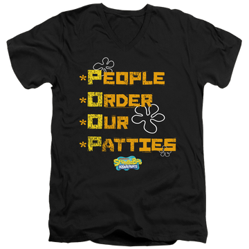 Black men's v-neck t-shirt with SpongeBob SquarePants People Order Our Patties graphic
