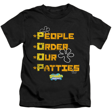 Black kid's t-shirt for ages 4 to 7 with SpongeBob SquarePants People Order Our Patties graphic