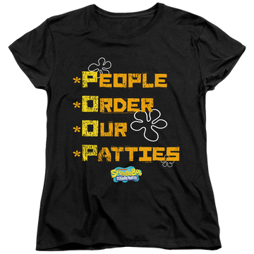 Black women's t-shirt with SpongeBob SquarePants People Order Our Patties graphic