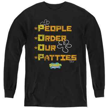 Black youth long sleeve t-shirt with SpongeBob SquarePants People Order Our Patties graphic