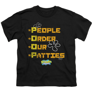 Black youth t-shirt for ages 8 to 12 with SpongeBob SquarePants People Order Our Patties graphic